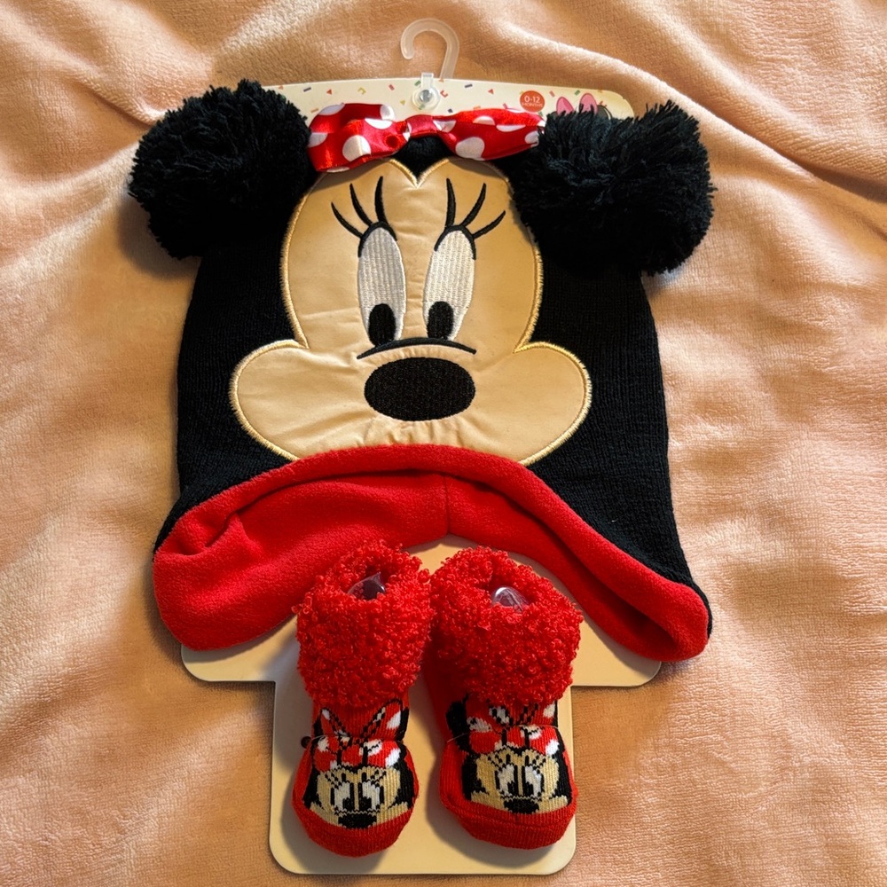 Disney Minnie Mouse Kids Hat and Booties - Black, Red, and White